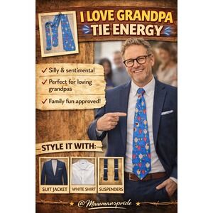 RM Style Novelty Necktie I Love Grandpa Blue Silk Quirky Men's Tie
